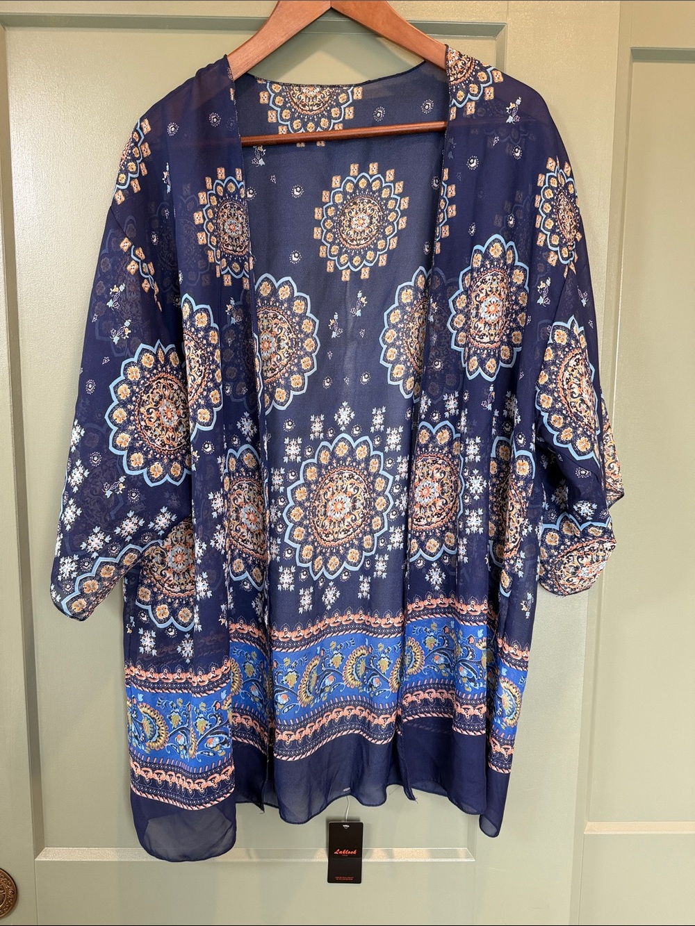 Navy Medallion Print Open-Front Kimono Tunic